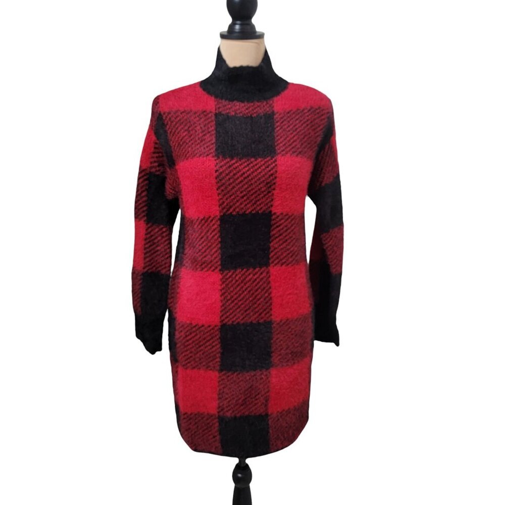 SO Size S Red & Black Buffalo Plaid Check Super Soft Fuzzy Sweater Dress